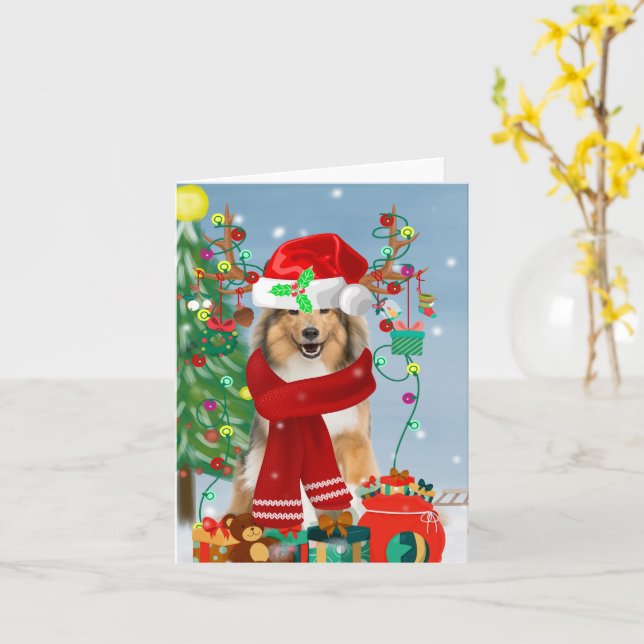 Tarjeta Rough Collie Dog in Snow Navidades (flor amarilla)