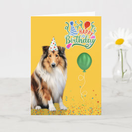 Tarjeta Rough Collie Dog Party Hat Yellow Birthday