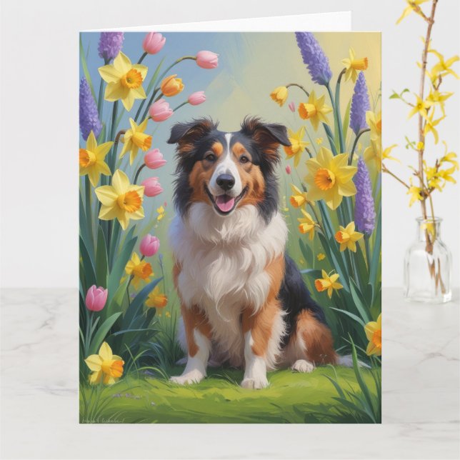 Tarjeta Rough Collie Dog Spring Flowers Pintura (flor amarilla)