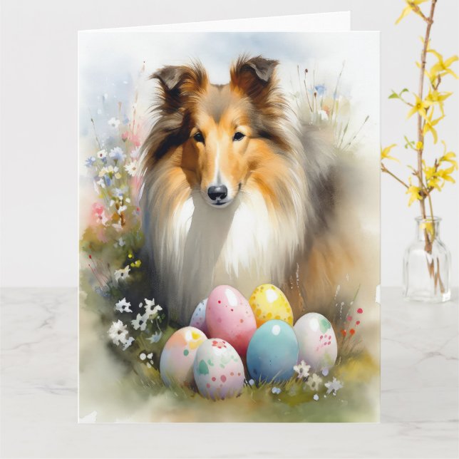 Tarjeta Rough Collie Dog with Easter Eggs Holiday (flor amarilla)