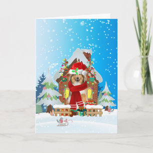 Tarjeta Rough Collie en la nieve con regalos de Navidad