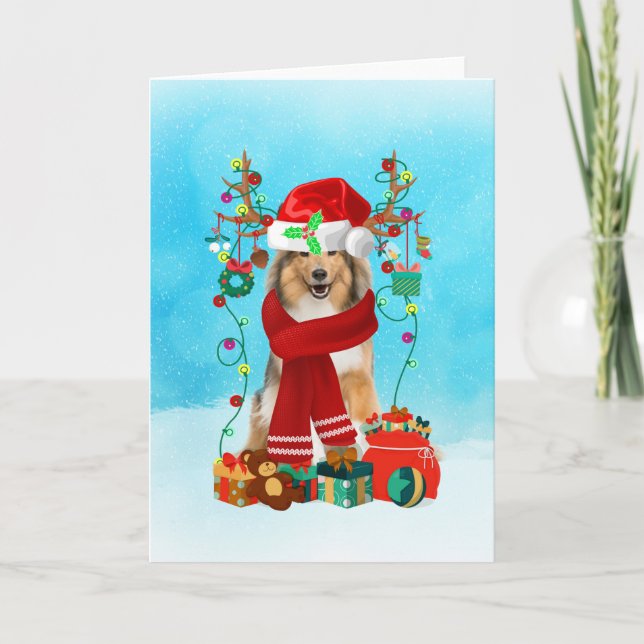 Tarjeta Rough Collie en la nieve con regalos de Navidades (Anverso)