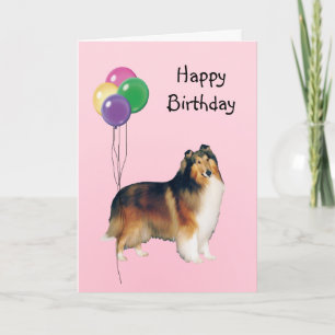 Tarjeta Rough Collie, globos de cumpleaños