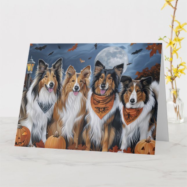 Tarjeta Rough Collie Halloween Spooky (flor amarilla)