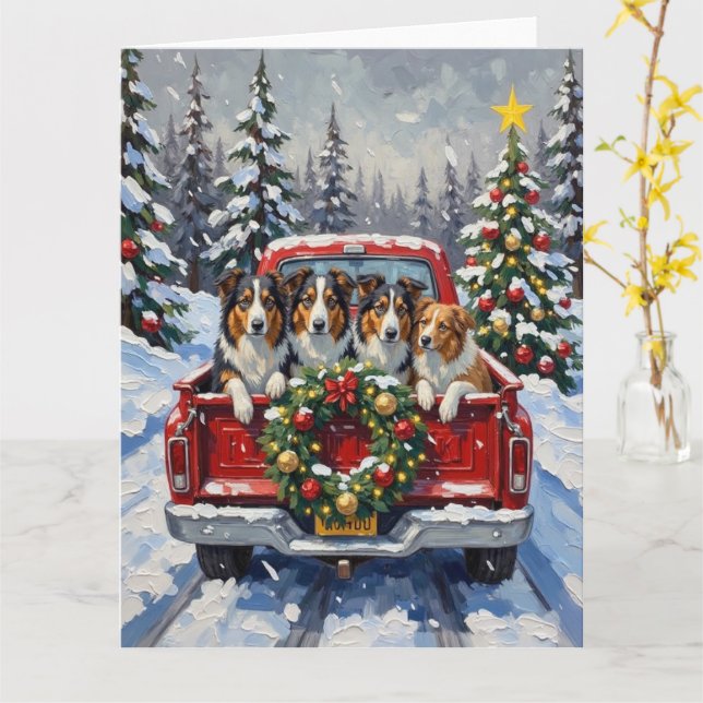 Tarjeta Rough Collie Navidad Camión Rojo Fiesta (flor amarilla)