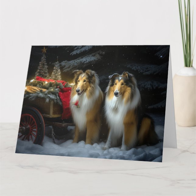 Tarjeta Rough Collie Snowy Sleigh Navidades Decoración (Anverso)