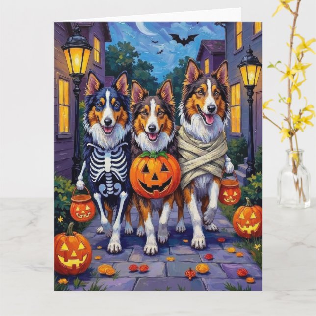 Tarjeta Rough Collie Trick-or-Treating Halloween Costumes (flor amarilla)