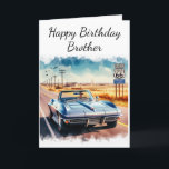 Tarjeta Route 66 Classic Car Happy Birthday Brother<br><div class="desc">Esta tarjeta de cumpleaños incluye una representación digital de acuarela del letrero y la carretera Route 66, complementada con un convertible vintage. Es una tarjeta ideal para los hombres que aprecian los viajes por carretera y los automóviles clásicos. Esta tarjeta de personalizable es un regalo para un hermano, esposo, padre,...</div>