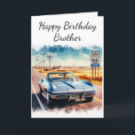 Tarjeta Route 66 Classic Car Happy Birthday Brother<br><div class="desc">Esta tarjeta de cumpleaños incluye una representación digital de acuarela del letrero y la carretera Route 66, complementada con un convertible vintage. Es una tarjeta ideal para los hombres que aprecian los viajes por carretera y los automóviles clásicos. Esta tarjeta de personalizable es un regalo para un hermano, esposo, padre,...</div>