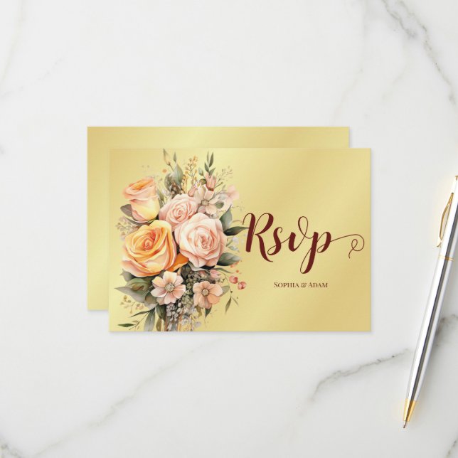 Tarjeta RSPV Boda de Flores Rústicas y de Oro (Anverso/Reverso In Situ)