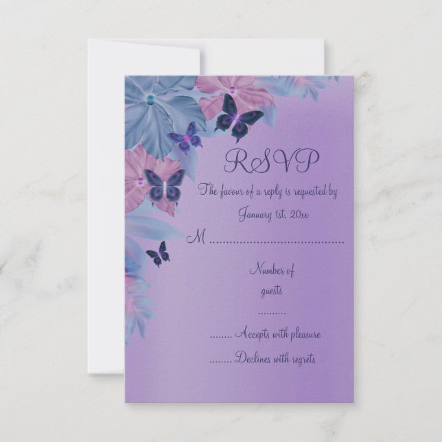 Tarjeta RSVP 16 con mariposa morada y azul Shimmer (Anverso)