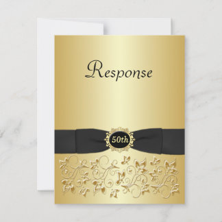 Tarjeta RSVP 50 floral de color negro y oro