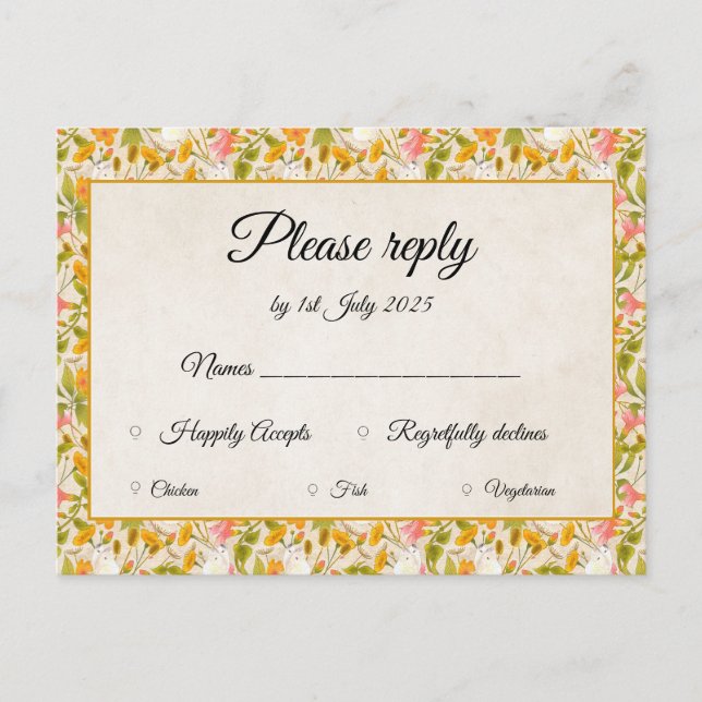 Tarjeta RSVP amarilla de Victorian Meadow (Anverso)