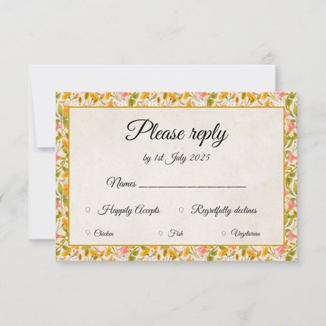 Tarjeta RSVP amarilla de Victorian Meadow (Anverso)