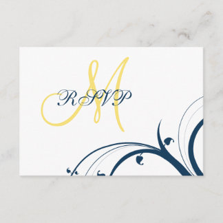 Tarjeta RSVP amarilla inicial, Blue Swirls Wedding