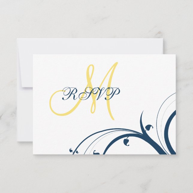 Tarjeta RSVP amarilla inicial, Blue Swirls Wedding (Anverso)