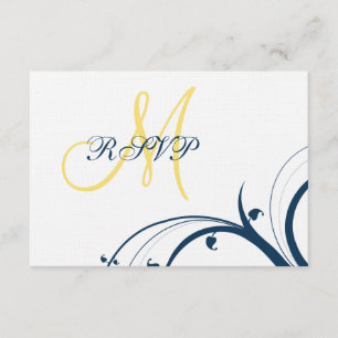 Tarjeta RSVP amarilla inicial, Blue Swirls Wedding