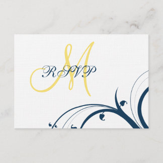 Tarjeta RSVP amarilla inicial, Blue Swirls Wedding