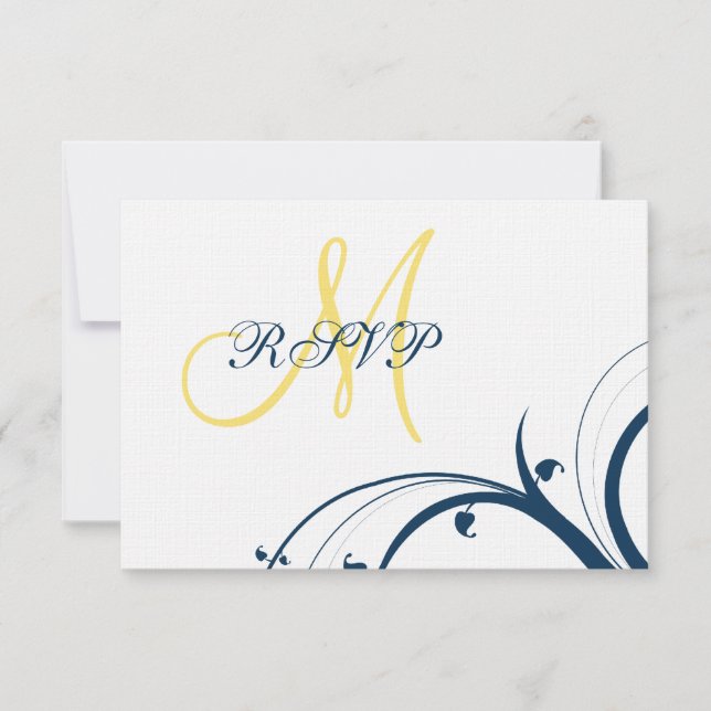 Tarjeta RSVP amarilla inicial, Blue Swirls Wedding (Anverso)