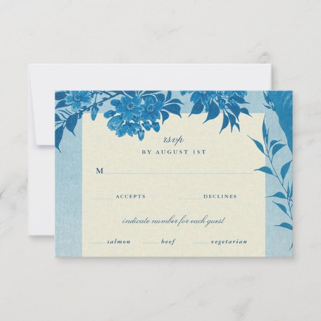 Tarjeta Rsvp Antigua Japonesa Blue Cherry Blossom (Anverso)