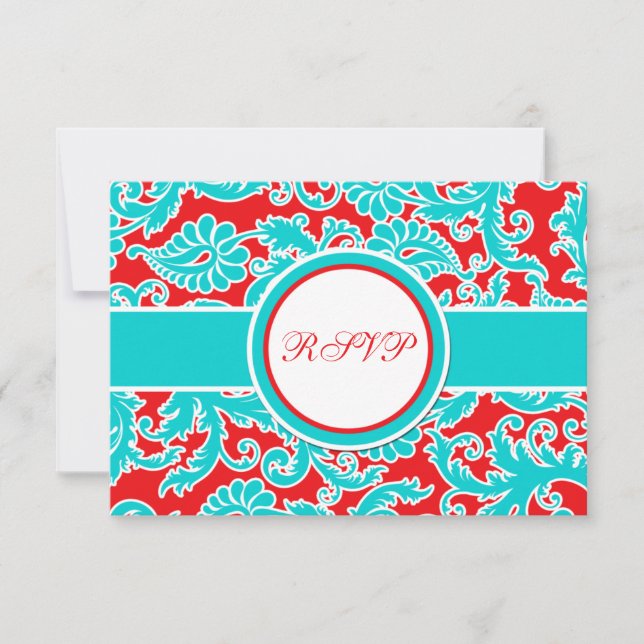 Tarjeta RSVP Aqua Blue, Red, White Damask (Anverso)