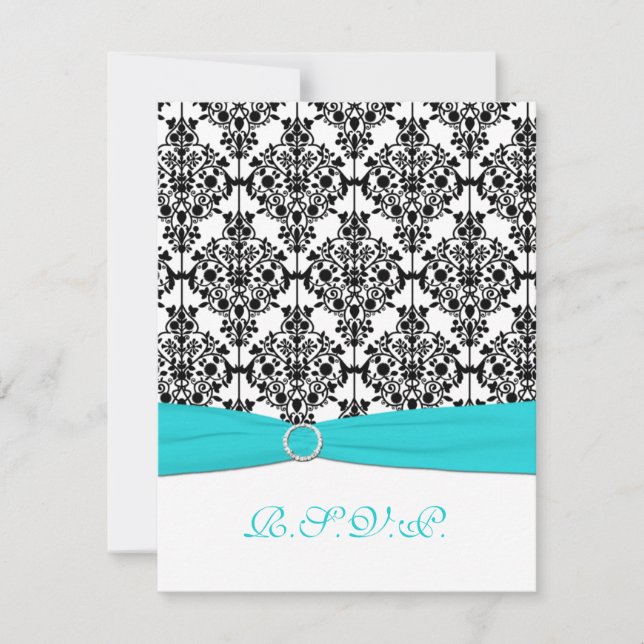 Tarjeta RSVP Aqua, White, Black Damask II (Anverso)
