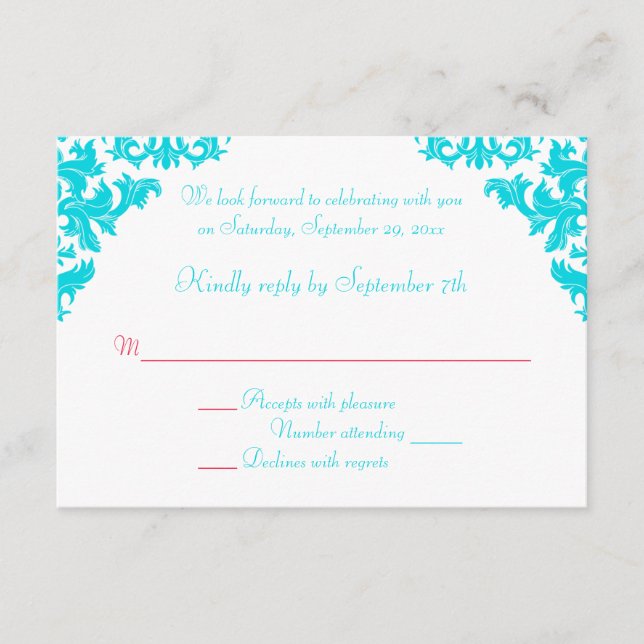 Tarjeta RSVP Aqua, White y Red Damask (Anverso)