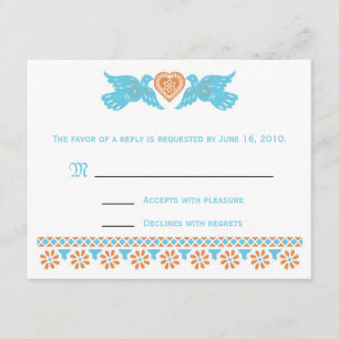 Tarjeta RSVP Aves de Amor - verde azulada y naranj