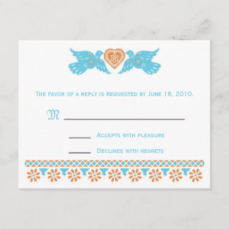 Tarjeta RSVP Aves de Amor - verde azulada y naranj