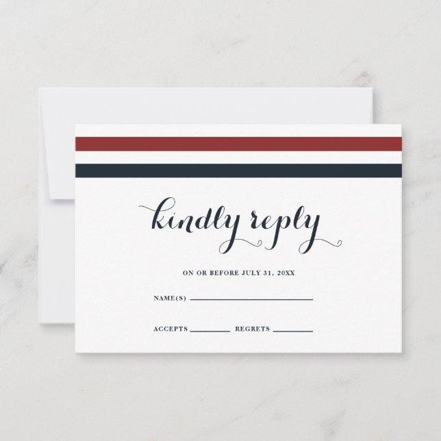 Tarjeta RSVP azul Boda azul rojo y blanco (Anverso)
