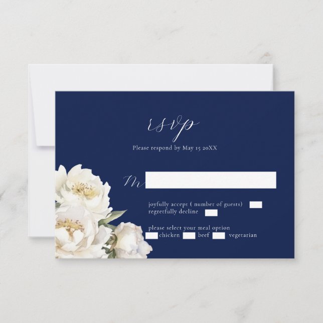 Tarjeta RSVP Azul Boda Peony Blanco (Anverso)