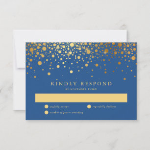Tarjeta RSVP Azul de confetti de Relieve metalizad