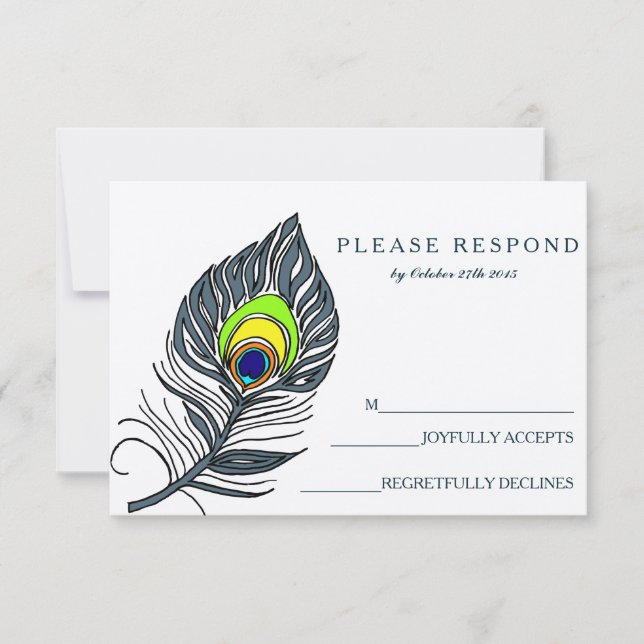 Tarjeta RSVP azul de Feather para pavo real (Anverso)