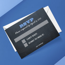 Tarjeta RSVP azul de pizarra con líneas de mensaje