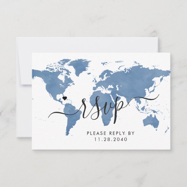 Tarjeta RSVP azul del mapa mundial del tema de via (Anverso)