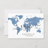 Tarjeta RSVP azul del mapa mundial del tema de via