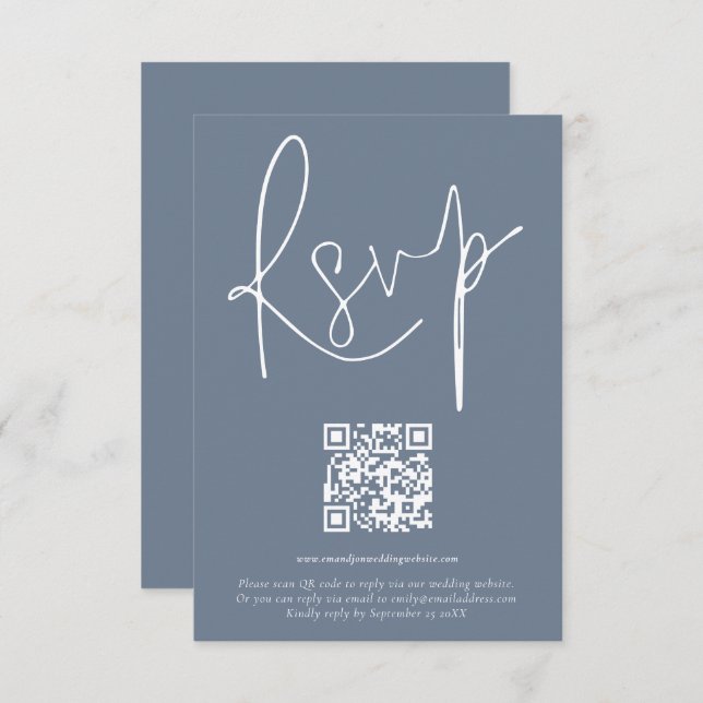 Tarjeta RSVP Azul Dusty Boda de código QR moderno  (Anverso / Reverso)