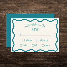 Tarjeta RSVP azul manuscrita de borde ondulado cap