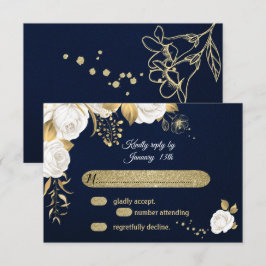 tarjeta RSVP azul marino floral dorado blanco