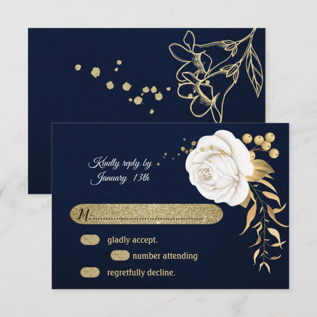 tarjeta RSVP azul marino floral dorado blanco (Anverso / Reverso)