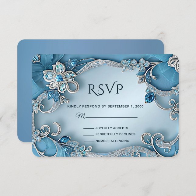 Tarjeta RSVP Azul Ornate Floral (Anverso / Reverso)