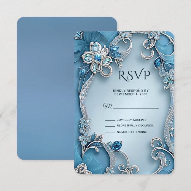 Tarjeta RSVP Azul Ornate Floral (Anverso / Reverso)