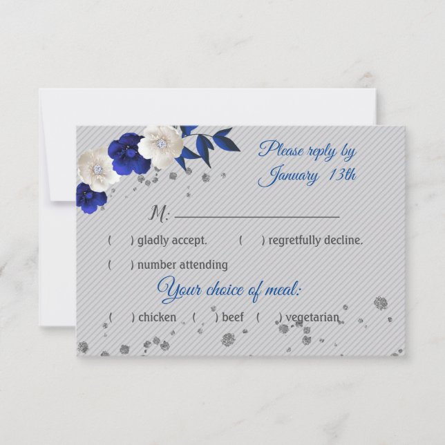tarjeta rsvp azul real flor blanca gris (Anverso)