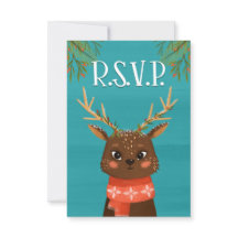 Tarjeta RSVP Azul Rojo Navidad Deer