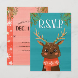 Tarjeta RSVP Azul Rojo Navidad Deer