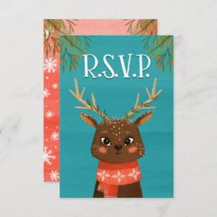 Tarjeta RSVP Azul Rojo Navidad Deer