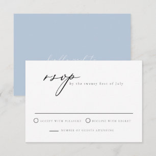 Tarjeta RSVP azul turbio con guión Minimalista de