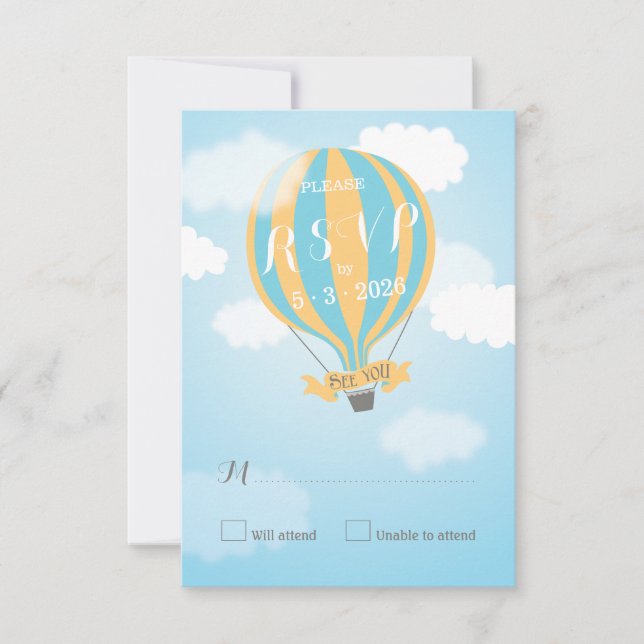 Tarjeta RSVP Baby Shower de globo aerostático azul (Anverso)