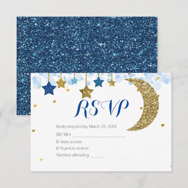 Tarjeta RSVP Baby Shower de la luna de oro azul de (Anverso / Reverso)