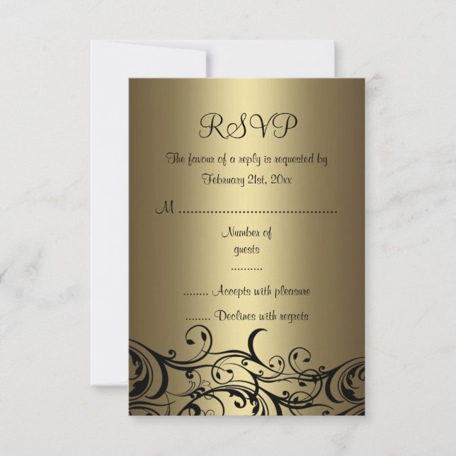 Tarjeta RSVP Black/Gold Floral Swirl Sweet16 (Anverso)